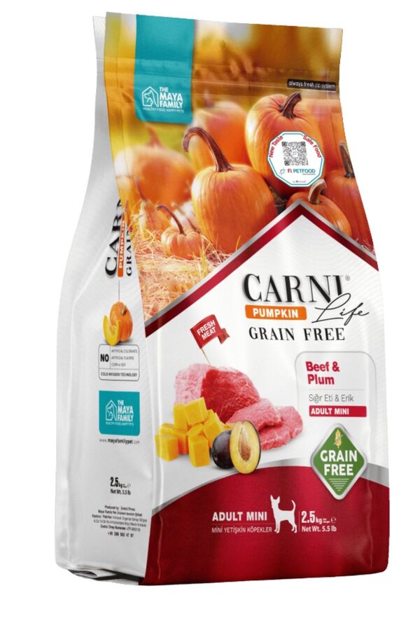 Carni Life Pumpkin Tahılsız Sığır Etli ve Erikli Mini Irk Yetişkin Köpek Maması 2,5kg