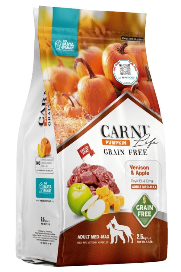 Carni Life Pumpkin Tahılsız Köpek Geyik Etli ve Elmalı Medium ve Maxi Yetişkin Köpek Maması 2,5kg