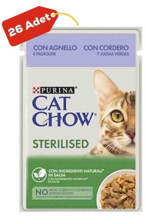 CAT CHOW - Cat Chow Pouch Sos İçinde Kuzu Etli ve Yeşil Fasulyeli Kısırlaştırılmış Kedi Konservesi 26x85gr 26lı