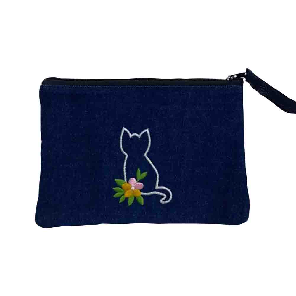 Çiçekli Kedi Lacivert Clutch Çanta