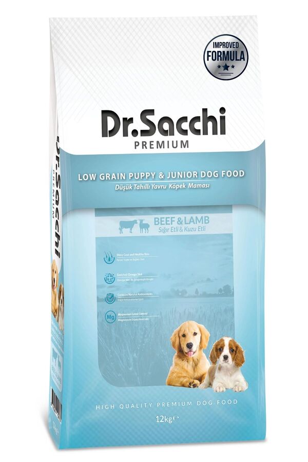 Dr.Sacchi Düşük Tahıllı Sığır Etli ve Kuzu Etli Yavru Köpek Maması 12kg