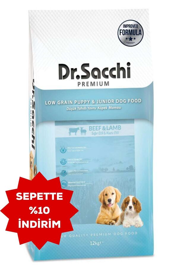 Dr.Sacchi Düşük Tahıllı Sığır Etli ve Kuzu Etli Yavru Köpek Maması 12kg