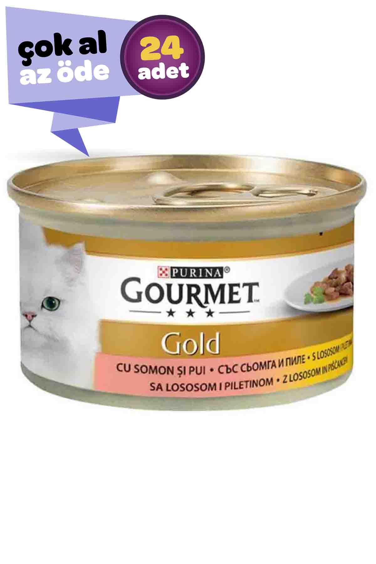 Gourmet Gold Somon ve Tavuk Parça Et Soslu Yetişkin Kedi Konservesi 24x85gr (24lü)