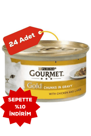 Gourmet Gold Tavuk ve Ciğer Parça Et Soslu Yetişkin Kedi Konservesi 24x85gr 24lü - Thumbnail