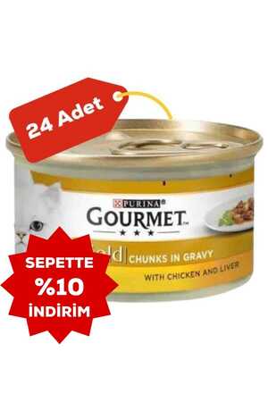 Gourmet Gold Tavuk ve Ciğer Parça Et Soslu Yetişkin Kedi Konservesi 24x85gr 24lü - Thumbnail