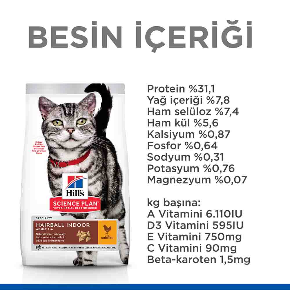 Hills Hairball Indoor Tüy Yumağı Önleyici Tavuklu Yetişkin Kedi Mamasi 1,5kg