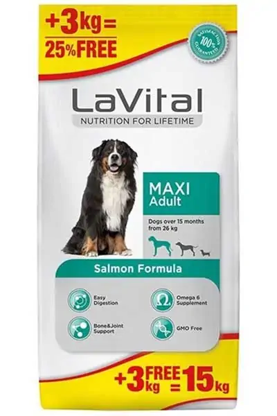 LAVITAL - Lavital Maxi Adult Somonlu Büyük Irk Yetişkin Köpek Maması 12kg + 3kg HEDİYE!