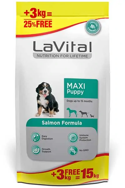 LaVital Maxi Puppy Somonlu Büyük Irk Yavru Köpek Maması 12kg + 3kg HEDİYE!