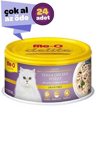 Me-O Delite Jöle İçinde Ton Balıklı ve Tavuklu Tahılsız Yetişkin Kedi Konservesi 24x80gr (24lü)