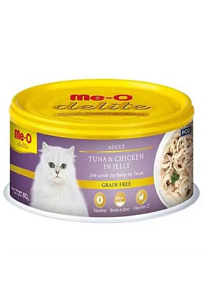 Me-O Delite Jöle İçinde Ton Balıklı ve Tavuklu Tahılsız Yetişkin Kedi Konservesi 80gr