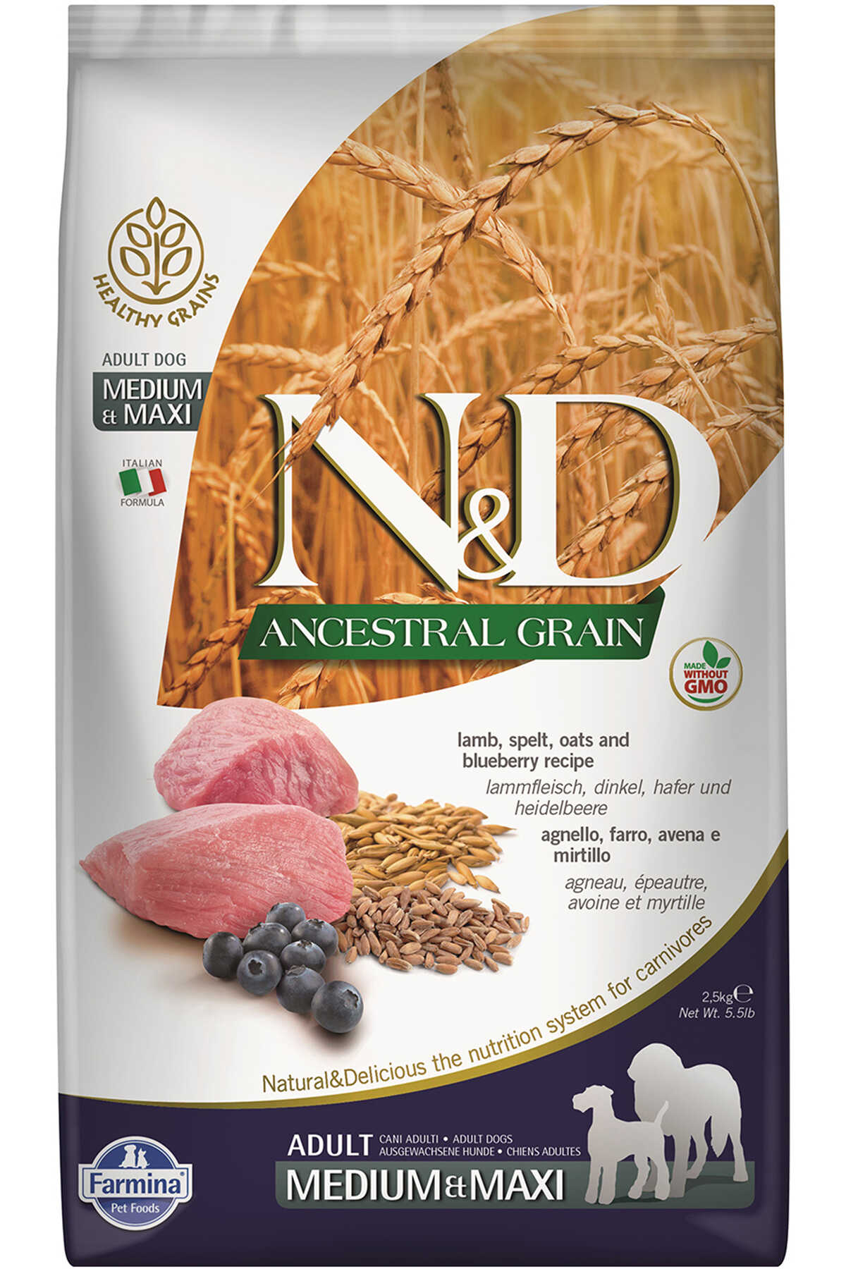 ND Ancestral Grain Düşük Tahıllı Kuzu Eli ve Yaban Mersinli Orta ve Büyük Irk Yetişkin Köpek Maması 2,5kg