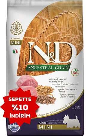 ND Ancestral Grain Düşük Tahıllı Kuzu Eti ve Yaban Mersinili Küçük Irk Yetişkin Köpek Maması 2,5kg