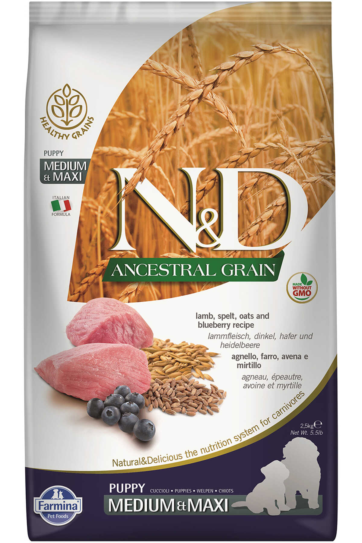 ND Ancestral Grain Düşük Tahıllı Kuzu Eti ve Yaban Mersinli Orta ve Büyük Irk Yavru Köpek Maması 2,5kg