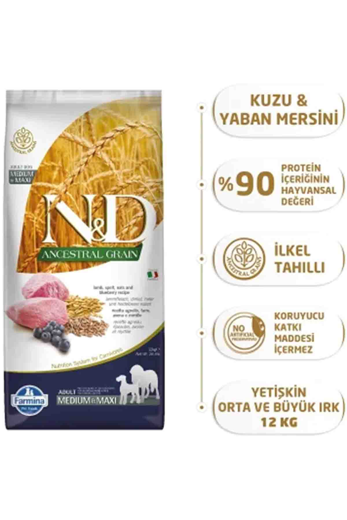 ND Ancestral Grain Düşük Tahıllı Kuzu Eti ve Yaban Mersinli Orta ve Büyük Irk Yetişkin Köpek Maması 12kg