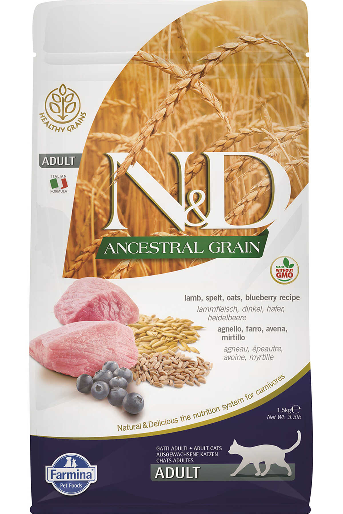 ND Ancestral Grain Düşük Tahıllı Kuzu Eti ve Yaban Mersinli Yetişkin Kedi Maması 1,5kg