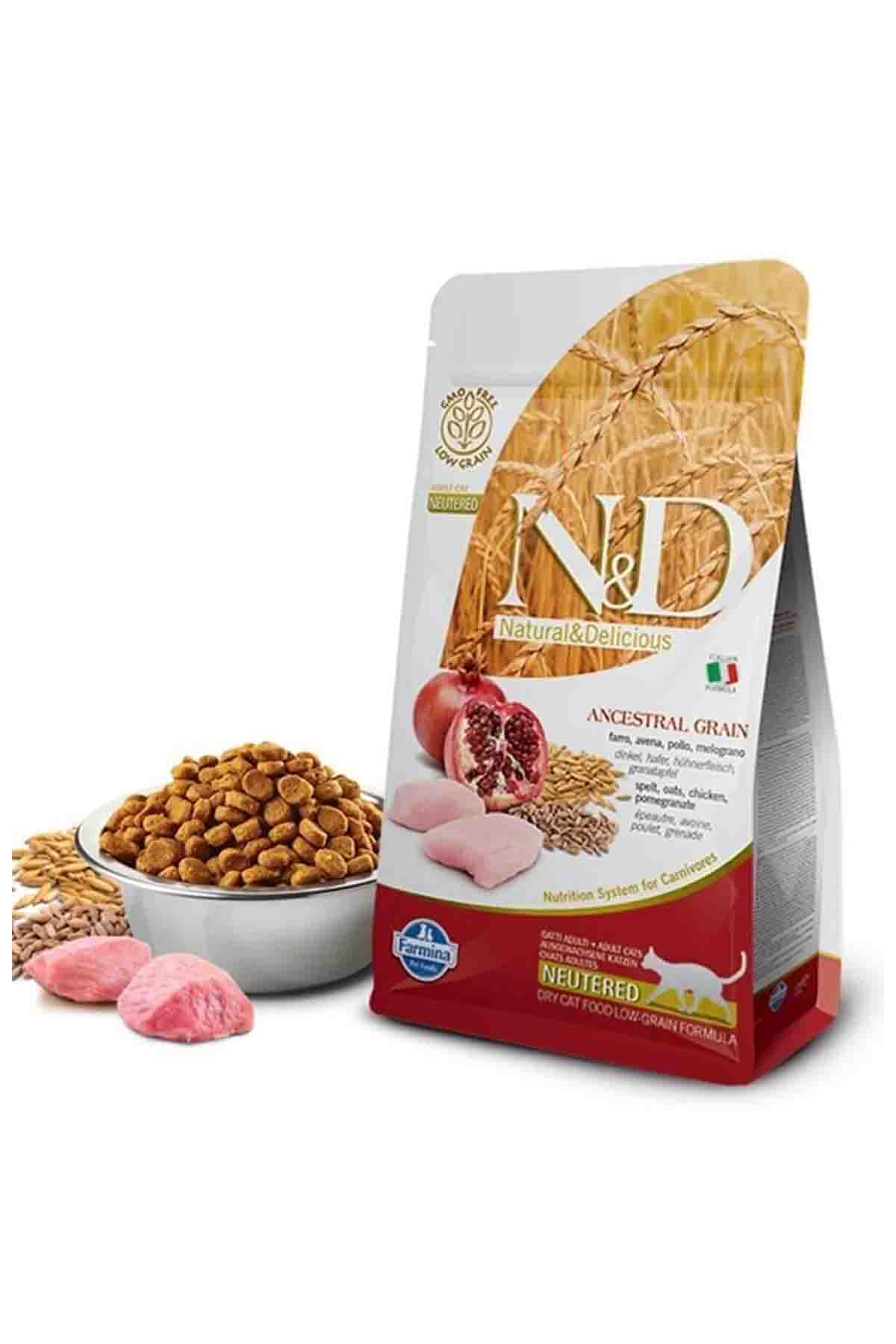 ND Ancestral Grain Düşük Tahıllı Tavuk ve Narlı Kısırlaştırılmış Kedi Maması 10kg