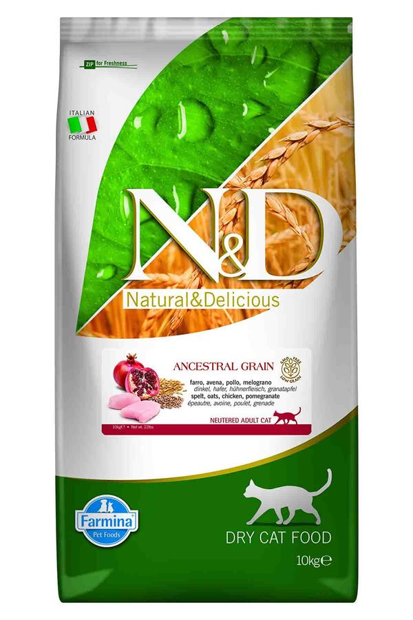 ND Ancestral Grain Düşük Tahıllı Tavuk ve Narlı Kısırlaştırılmış Kedi Maması 10kg