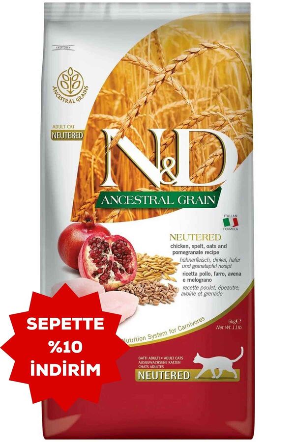 ND Ancestral Grain Düşük Tahıllı Tavuk ve Narlı Kısırlaştırılmış Kedi Maması 5kg