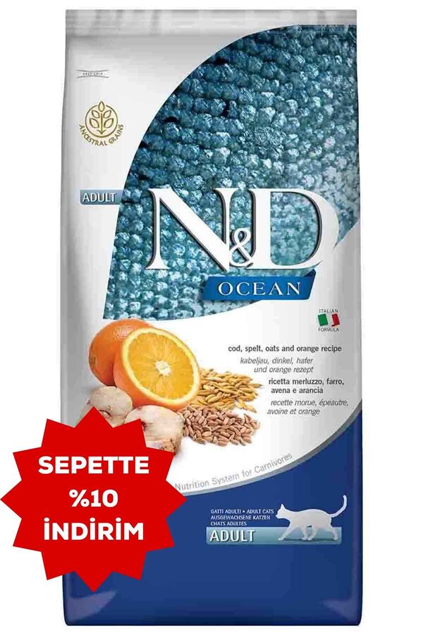 ND Ocean Düşük Tahıllı Morina Balığı ve Portakallı Yetişkin Kedi Maması 10kg