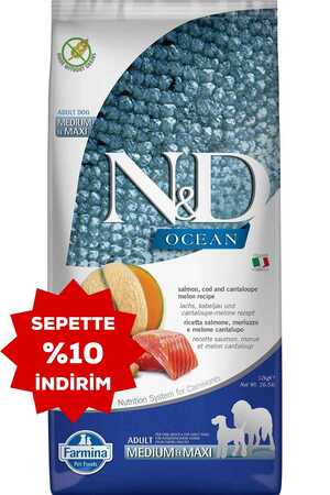 N&D - ND Ocean Tahılsız Somon Morina Balığı ve Kavunlu Büyük ve Orta Irk Yetişkin Köpek Maması 12kg