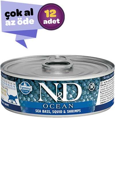 ND Ocean Tahılsız Levrek Mürekkep Balığı ve Karidesli Yetişkin Kedi Konservesi 12x70gr (12li)