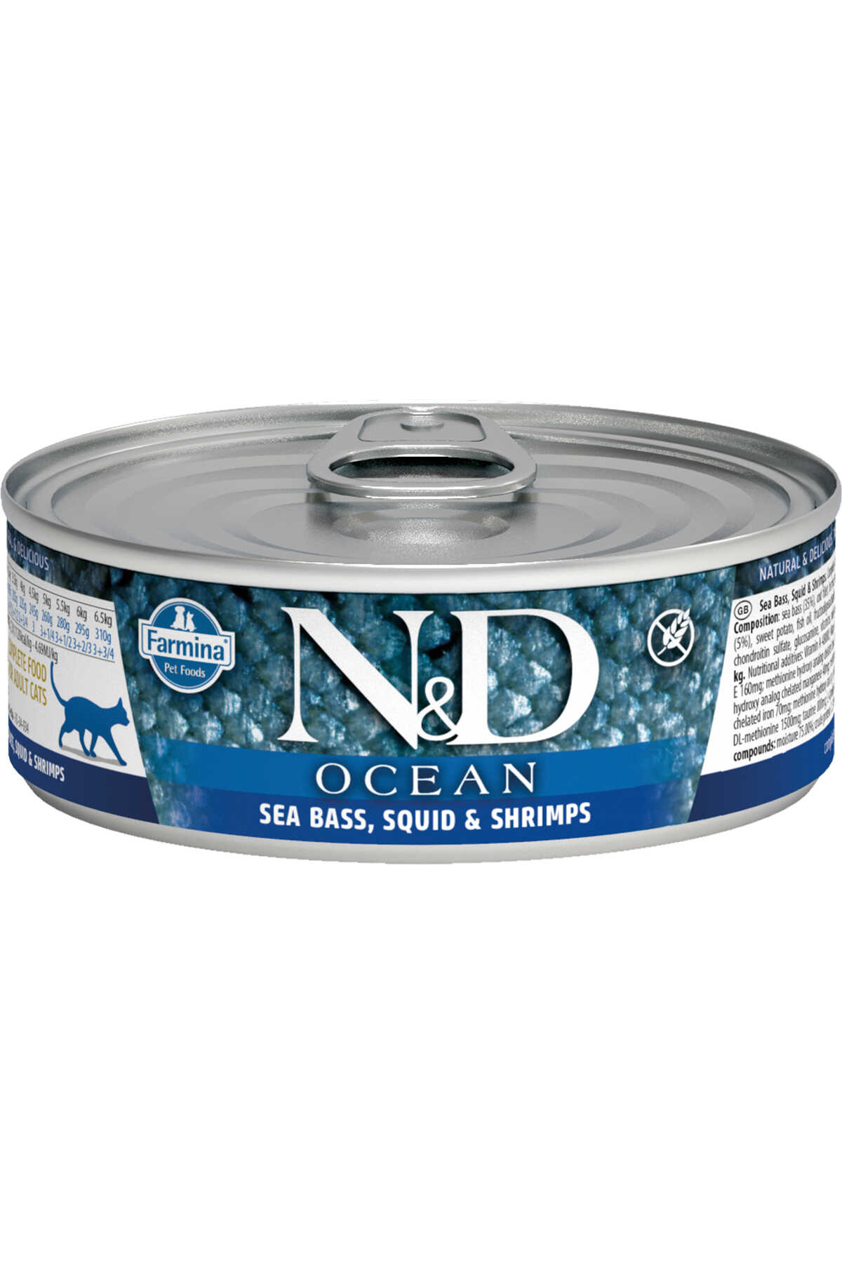 ND Ocean Tahılsız Levrek Mürekkep Balığı ve Karidesli Yetişkin Kedi Konservesi 70gr