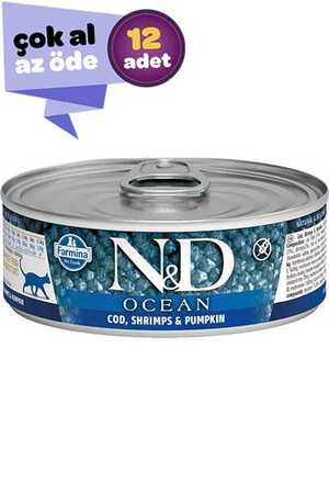 ND Ocean Tahılsız Morina Balığı Balkabağı ve Karidesli Yetişkin Kedi Konservesi 12x80gr (12li)