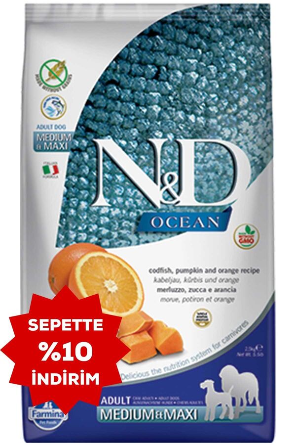 ND Ocean Tahılsız Morina Balığı Balkabağı ve Portakallı Orta ve Büyük Irk Köpek Maması 2,5kg