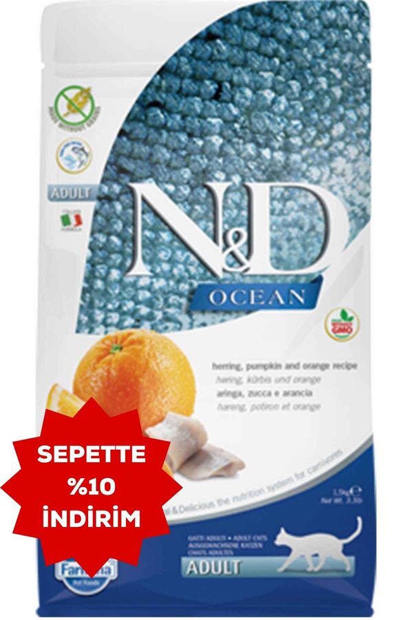 ND Ocean Tahılsız Ringa Balığı Balkabağı ve Portakallı Yetişkin Kedi Mamas 1,5kg