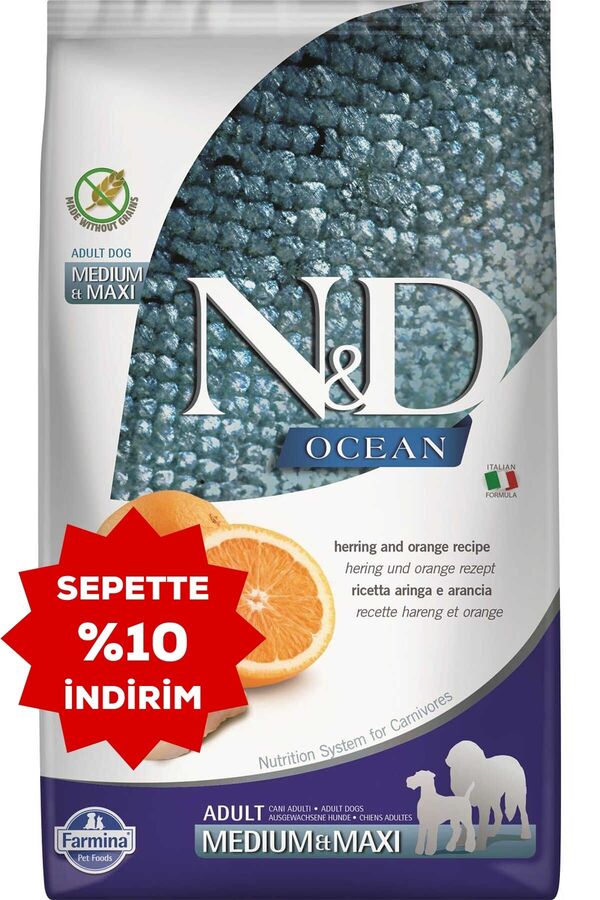 ND Ocean Tahılsız Ringa Balığı ve Portakallı Orta ve Büyük Irk Yetişkin Köpek Maması 12kg