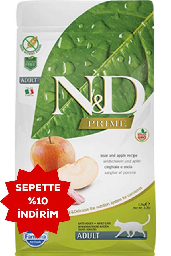 ND Prime Tahılsız Yaban Domuzu ve Elmalı Yetişkin Kedi Maması 1,5kg