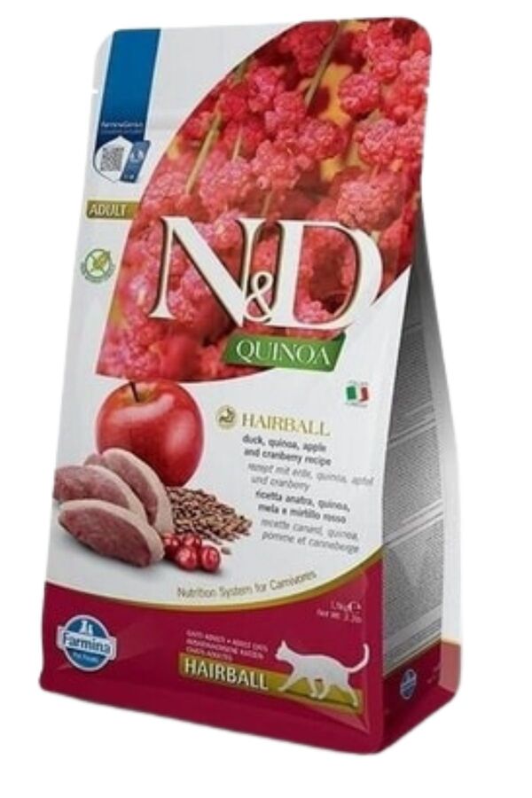 N&D Quinoa Tüy Yumağı Önleyici Ördekli Elmalı ve Kızılcıklı Tahılsız Yetişkin Kedi Maması 1,5kg