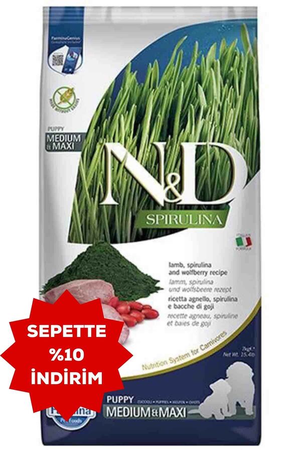 N&D Spirulina Kuzulu Orta ve Büyük Irk Tahılsız Yavru Köpek Maması 7kg