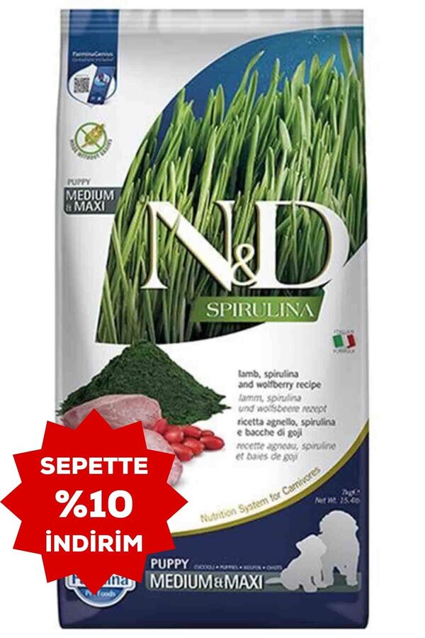 N&D Spirulina Kuzulu Orta ve Büyük Irk Tahılsız Yavru Köpek Maması 7kg