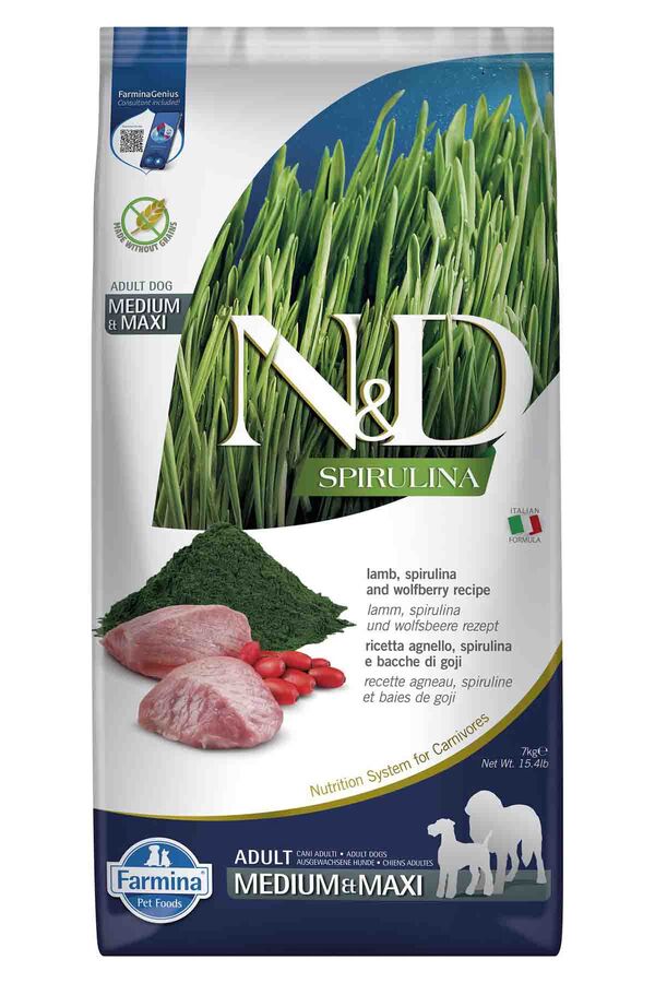 N&D Spirulina Kuzulu Orta ve Büyük Irk Tahılsız Yetişkin Köpek Maması 7kg