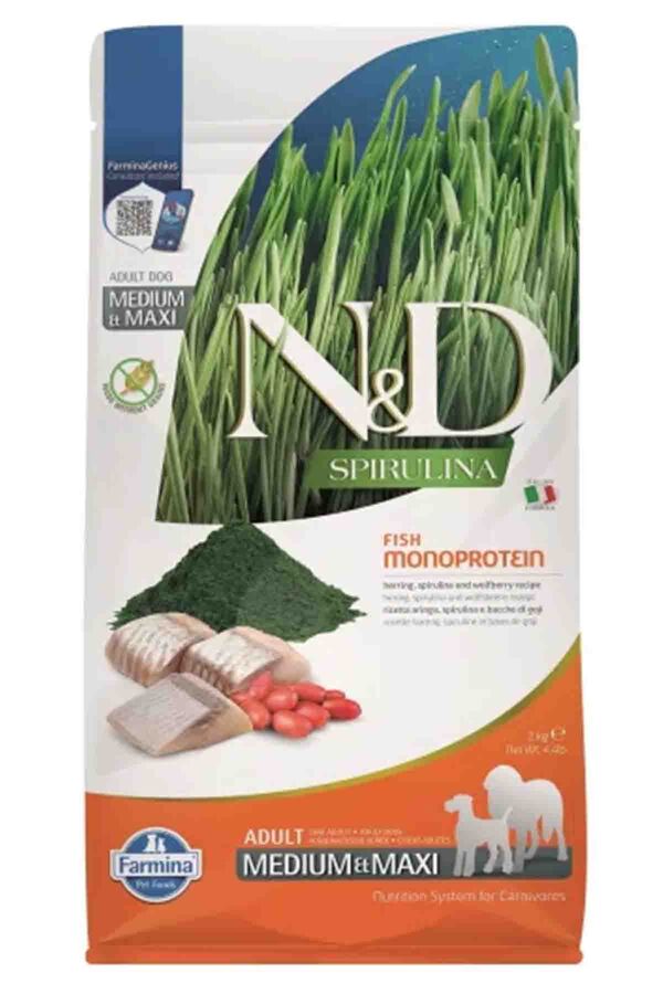 N&D Spirulina Ringa Balıklı Orta ve Büyük Irk Tahılsız Yetişkin Köpek Maması 2kg