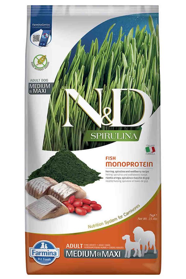 N&D Spirulina Ringa Balıklı Orta ve Büyük Irk Tahılsız Yetişkin Köpek Maması 7kg