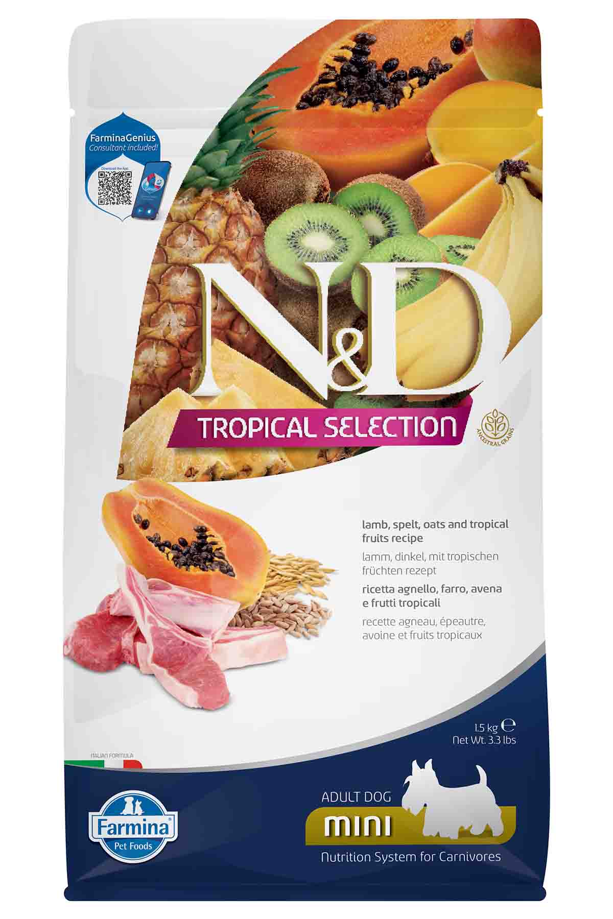 ND Tropical Selection Kuzu Etli ve Tropikal Meyveli Mini Irk Yetişkin Köpek Maması 1,5kg
