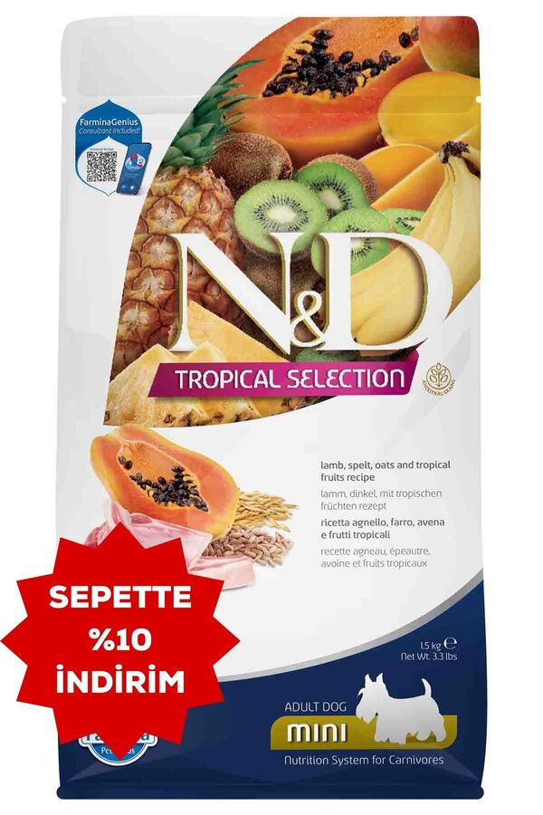 ND Tropical Selection Kuzu Etli ve Tropikal Meyveli Mini Irk Yetişkin Köpek Maması 1,5kg