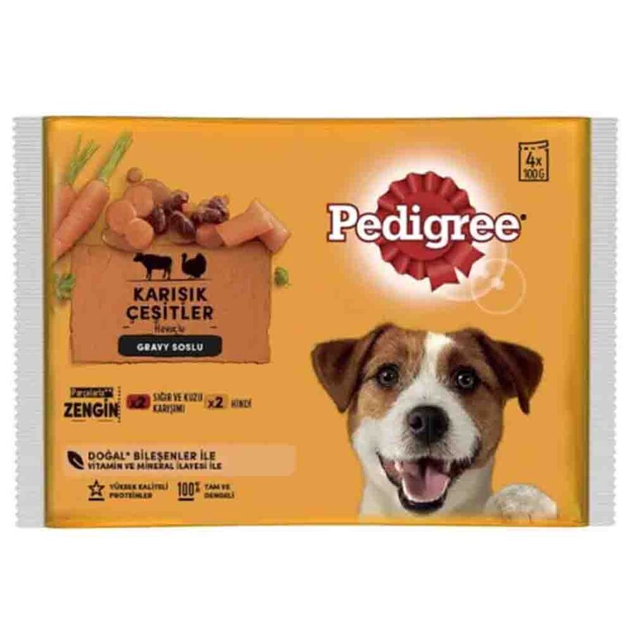 Pedigree Pouch Sığır Etli, Kuzulu ve Hindili Yetişkin Köpek Konservesi 4x100gr