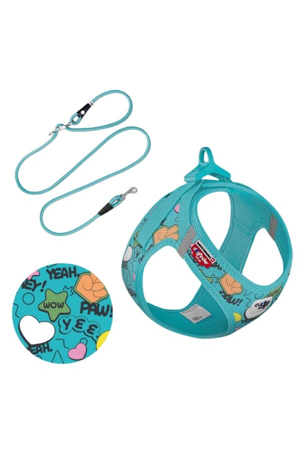 Curli Set Vest Harness Air-Mesh Le25 Comic+Leash Turkuaz M