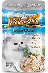 PRINCESS - Princess Classic Gold Pouch Tavuklu Ton Balıklı İstiridyeli ve Pirinçli Yetişkin Kedi Konservesi 70gr