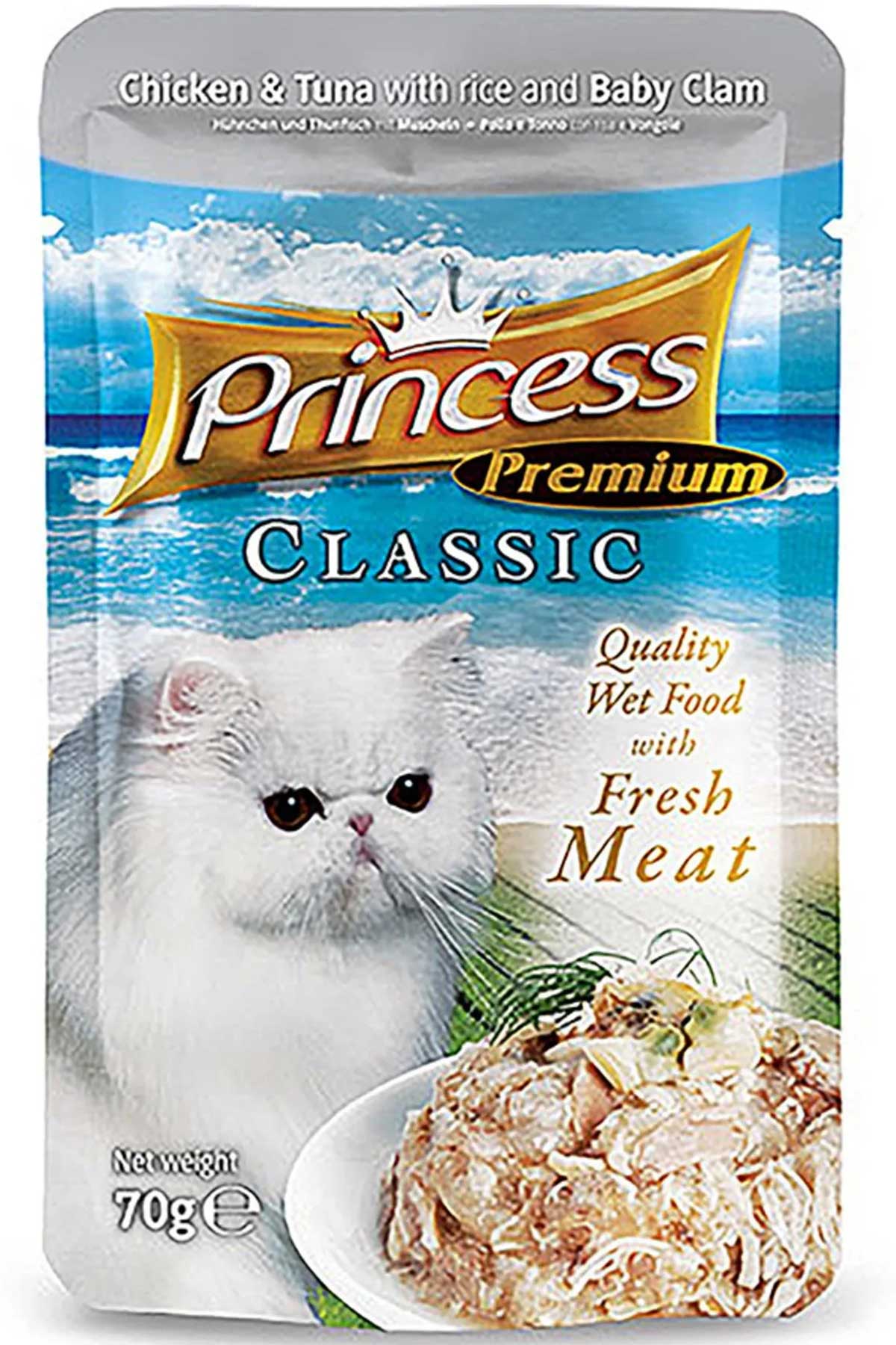 Princess Classic Gold Pouch Tavuklu Ton Balıklı İstiridyeli ve Pirinçli Yetişkin Kedi Konservesi 70gr