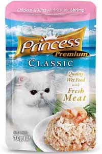 PRINCESS - Princess Classic Pouch Tavuklu Ton Balıklı Karidesli ve Pirinçli Yetişkin Kedi Konservesi 70gr