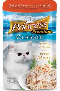 Princess Classic Gold Pouch Tavuklu Ton Balıklı Yengeçli ve Pirinçli Yetişkin Kedi Konservesi 70gr