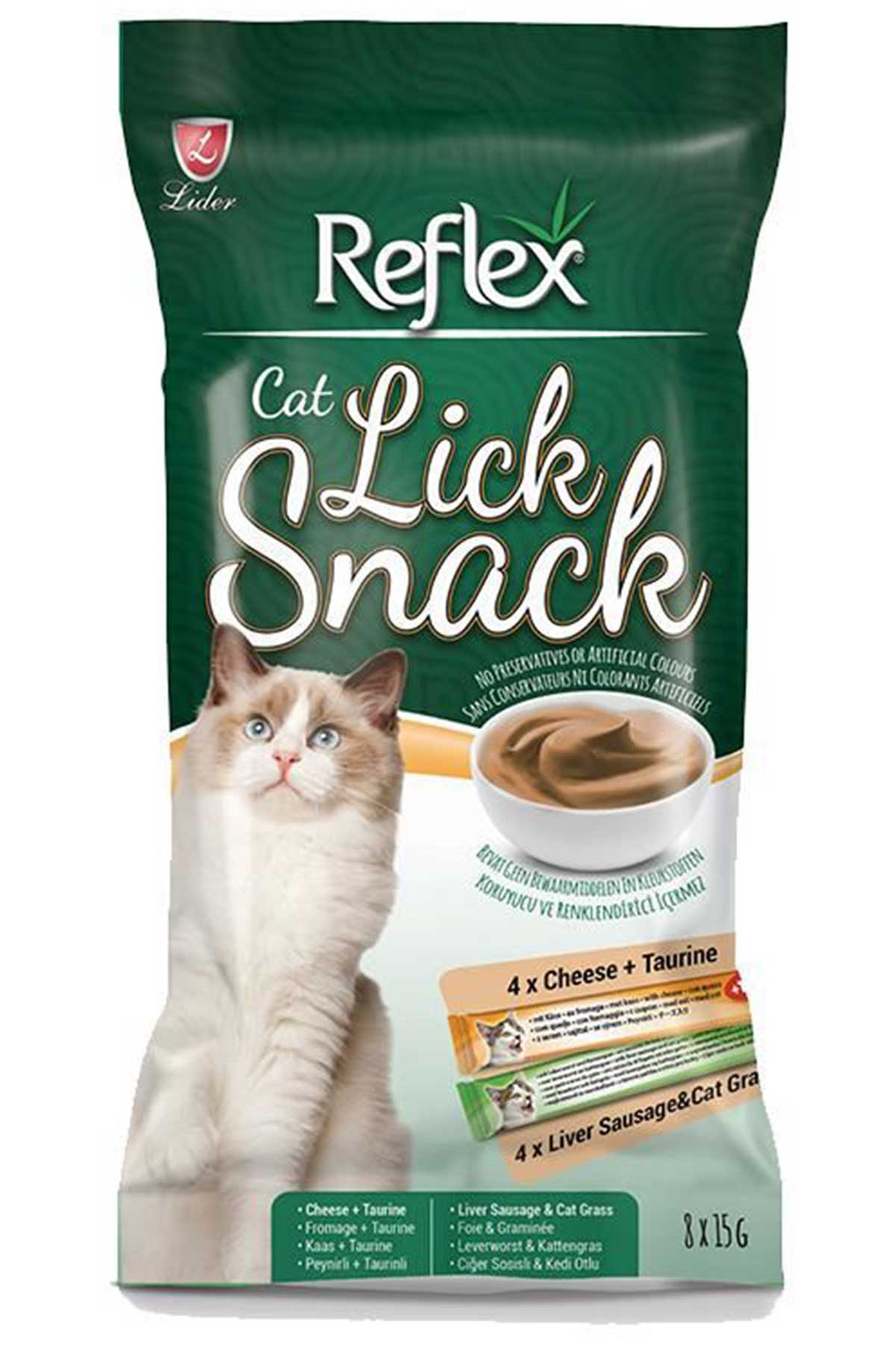 Reflex Lick Snack Peynir Ciğer ve Sosisli Sıvı Kedi Ödül Maması 15gr (8li)