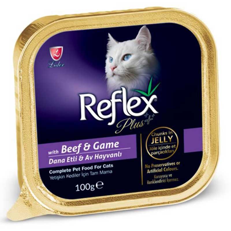 Reflex Plus Jöle İçinde Biftekli ve Av Hayvanlı Parça Etli Yetişkin Kedi Konservesi 100gr