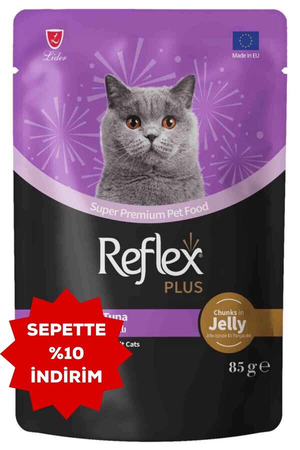 Reflex Plus Jöle İçinde Et Parçacıklı Somonlu ve Ton Balıklı Yetişkin Kedi Konservesi 85gr