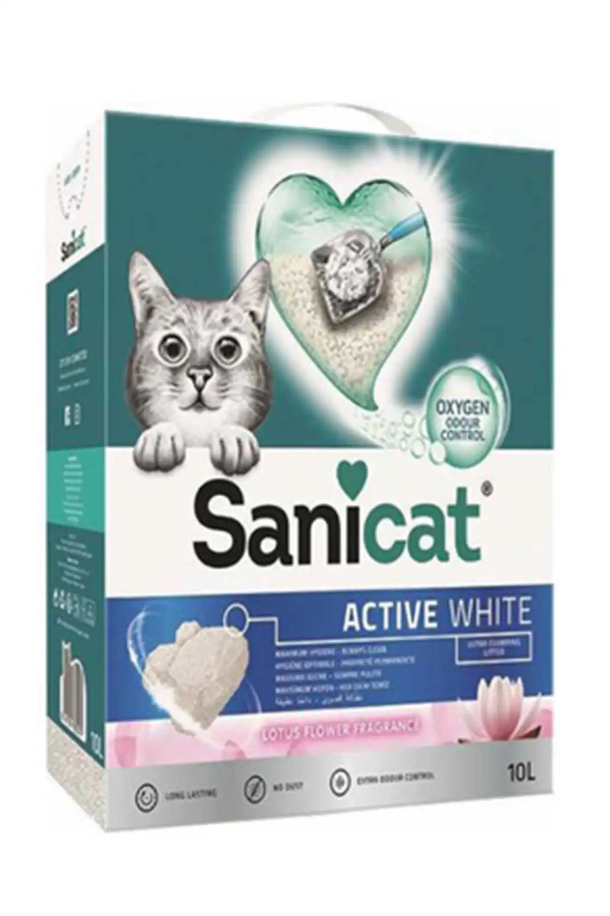 SANICAT - Sanicat Active White Oksijen Kontrollü Koku Emici Lotus Çiçeği Kokulu Ultra Topaklanan Kedi Kumu 10lt
