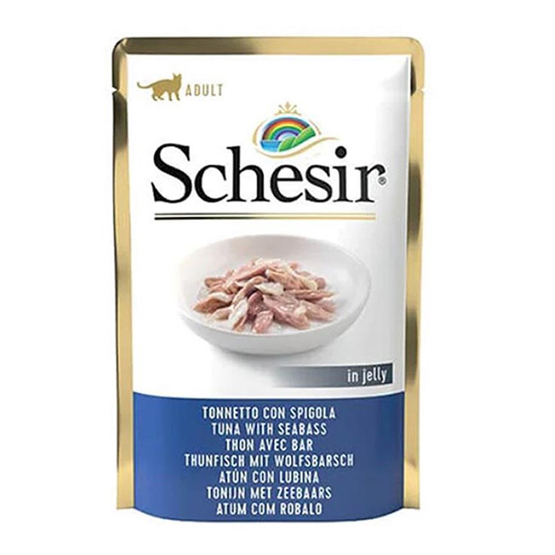 Schesir Pouch Jelly Ton Balıklı Levrekli Kıyılmış Yaş Kedi Maması 85 Gr